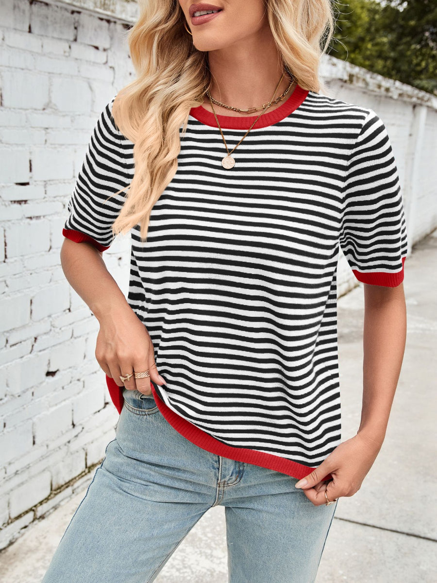 Striped knit tee with red trim and crew neck.