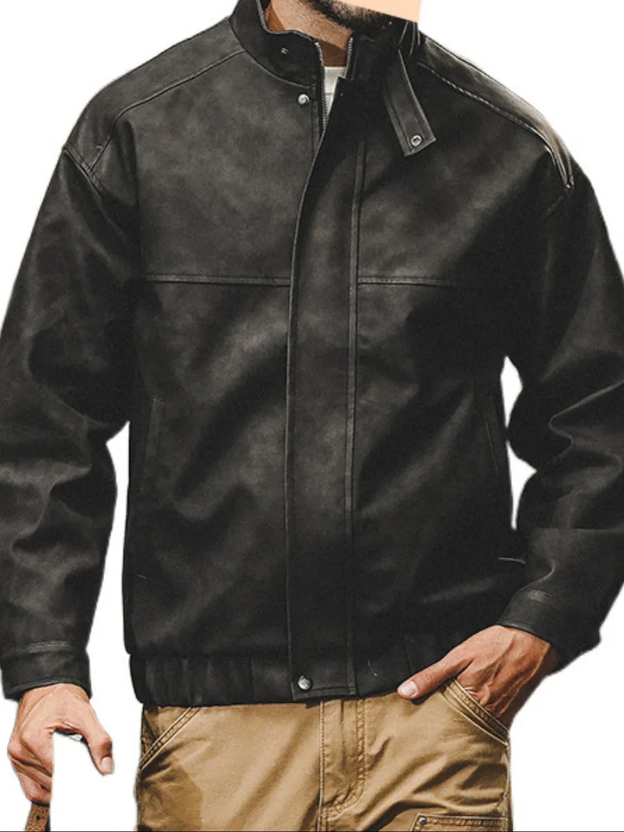 Black distressed leather bomber jacket with stand collar and zip front