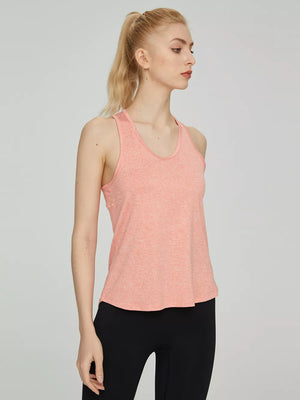Coral marled knit racerback tank top with a scoop neckline.