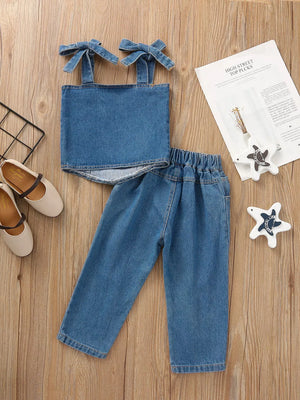 Children's Tie Shoulder Tank And Distressed Jeans Set option 8