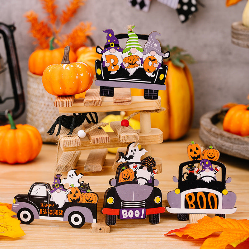 Halloween car-shaped gnome ornaments with pumpkins and ghosts, multicolor wooden decorations.