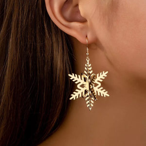 18K gold-plated snowflake dangle earrings, festive Christmas jewelry for women.