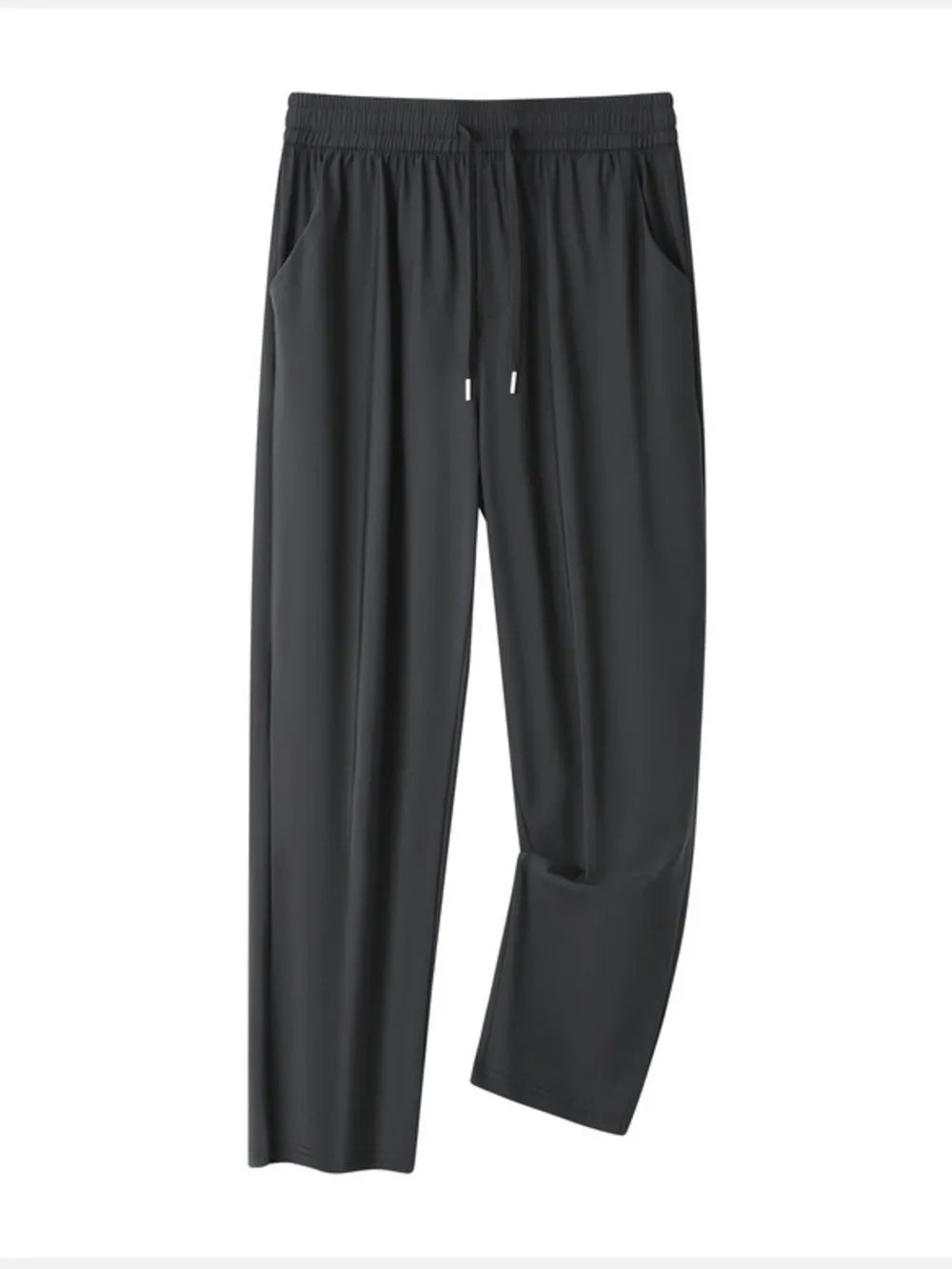 Grey sweatpants with drawstring waist and pockets.