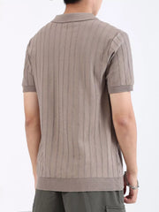 Men's brown ribbed knit short sleeve polo shirt with vertical stripe texture.