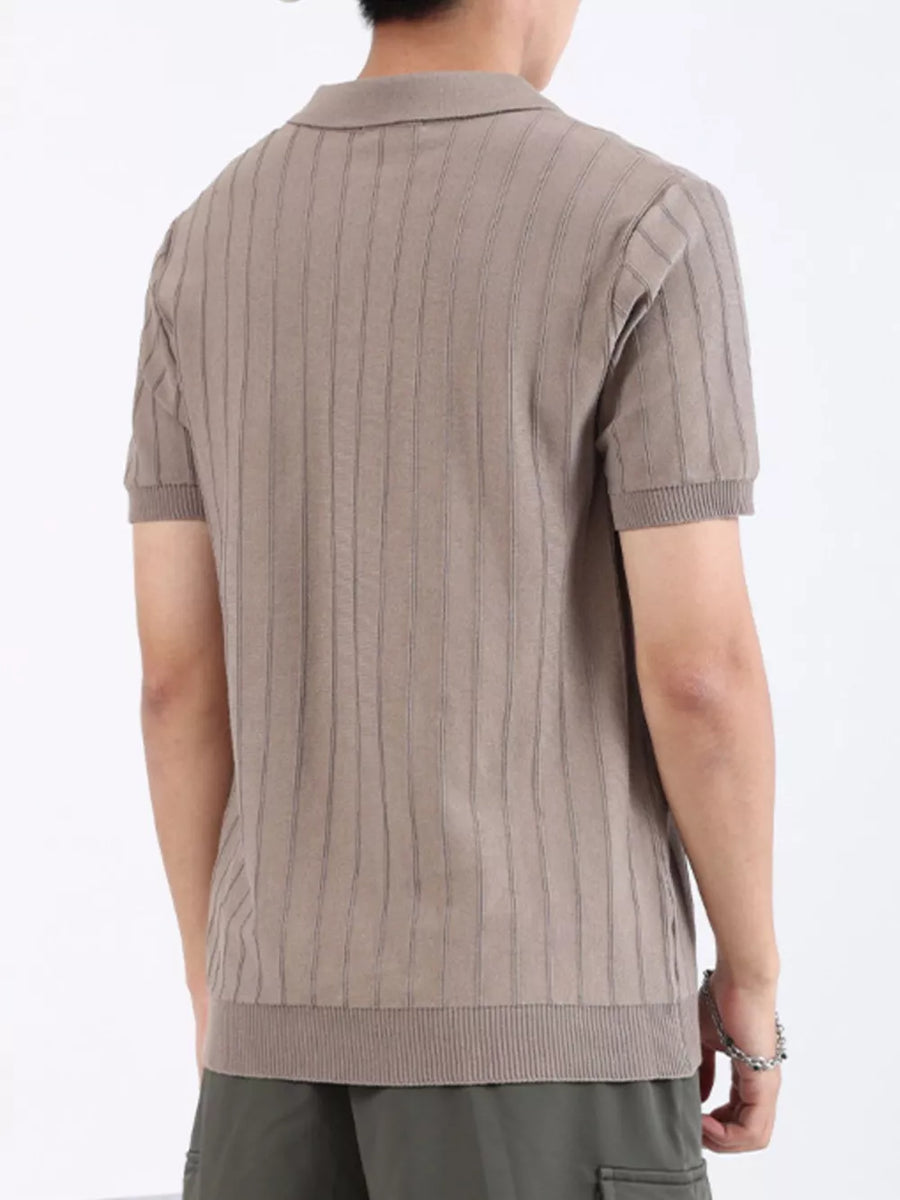 Men's brown ribbed knit short sleeve polo shirt with vertical stripe texture.