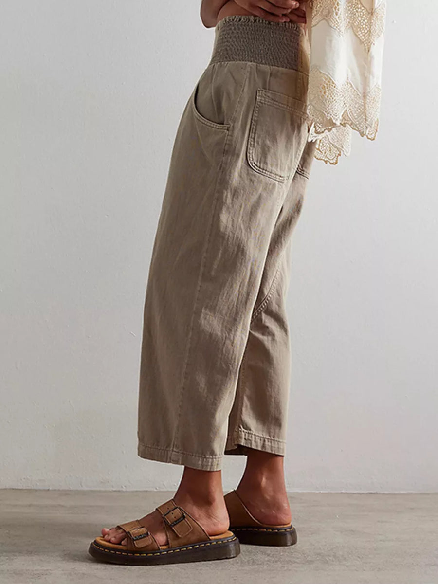 Smocked High-waisted Wide Leg Jeans in Light Blue with washed