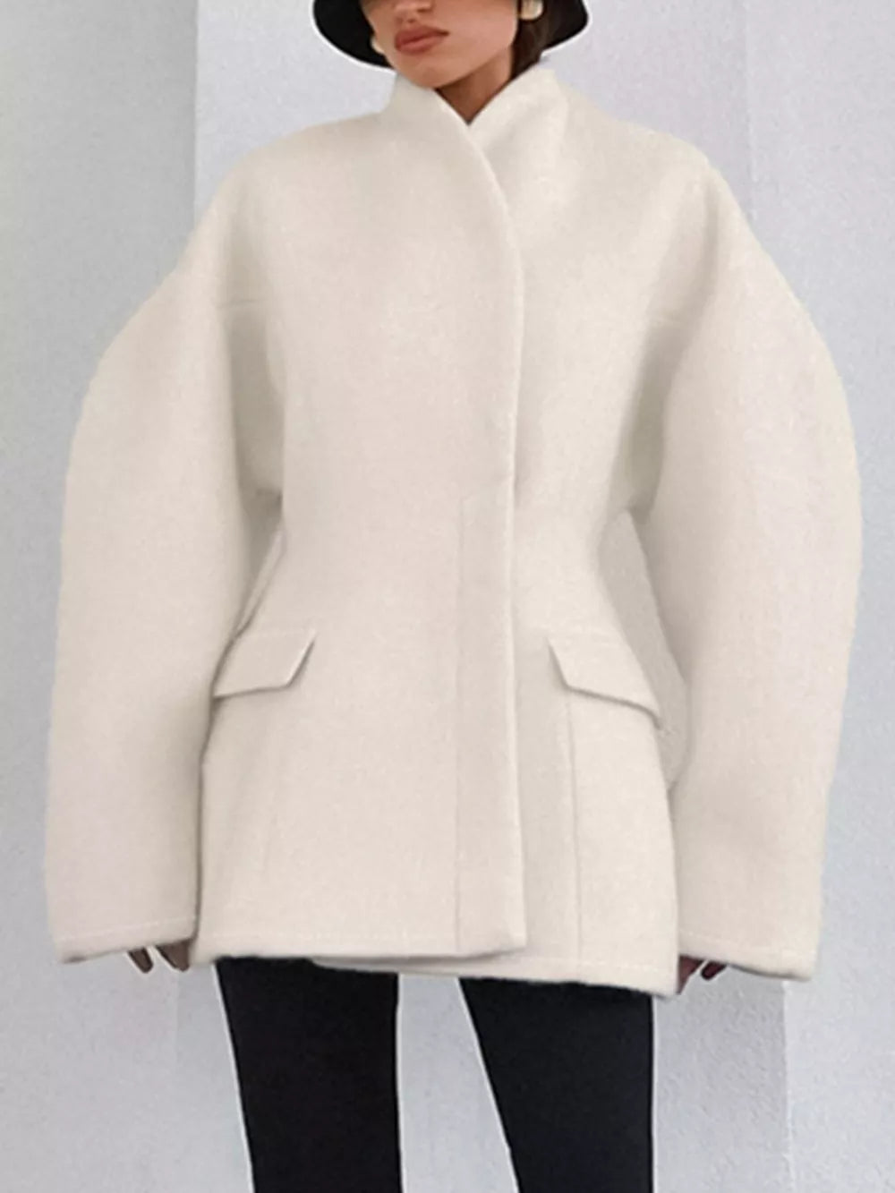 cream coat with hip-length and open-front