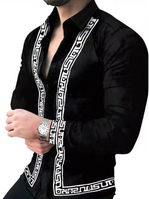 Black long sleeve shirt with white geometric trim on collar, placket, and cuffs.