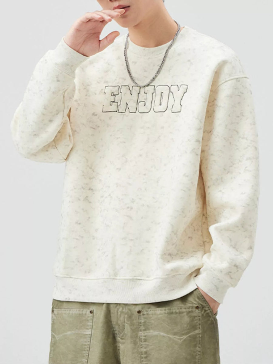 Men's beige marled long-sleeve sweatshirt with "ENJOY" graphic