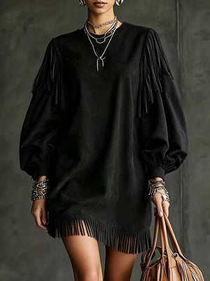 mini dress in black featuring fringe and relaxed fit
