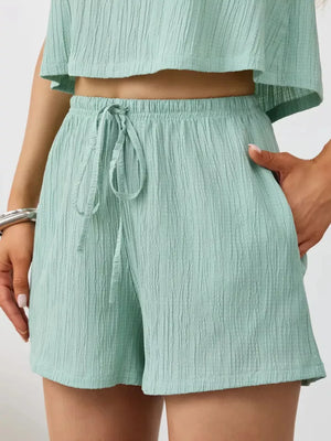 Light green textured cotton tank and shorts set with drawstring waist