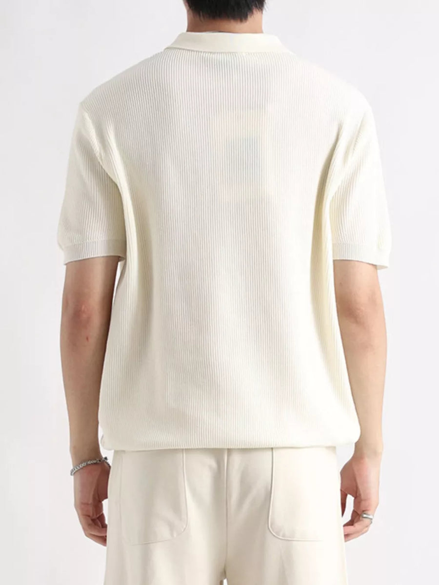 Men's apricot ribbed short sleeve polo shirt with classic collar.