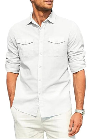 White linen shirt with two chest pockets and button-up front.