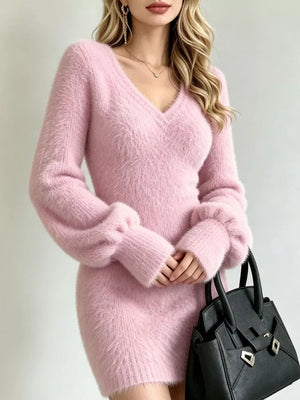 blush pink bodycon sweater dress with v-neck
