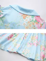 Light blue floral midi maternity dress with ruffle sleeves and button front detail