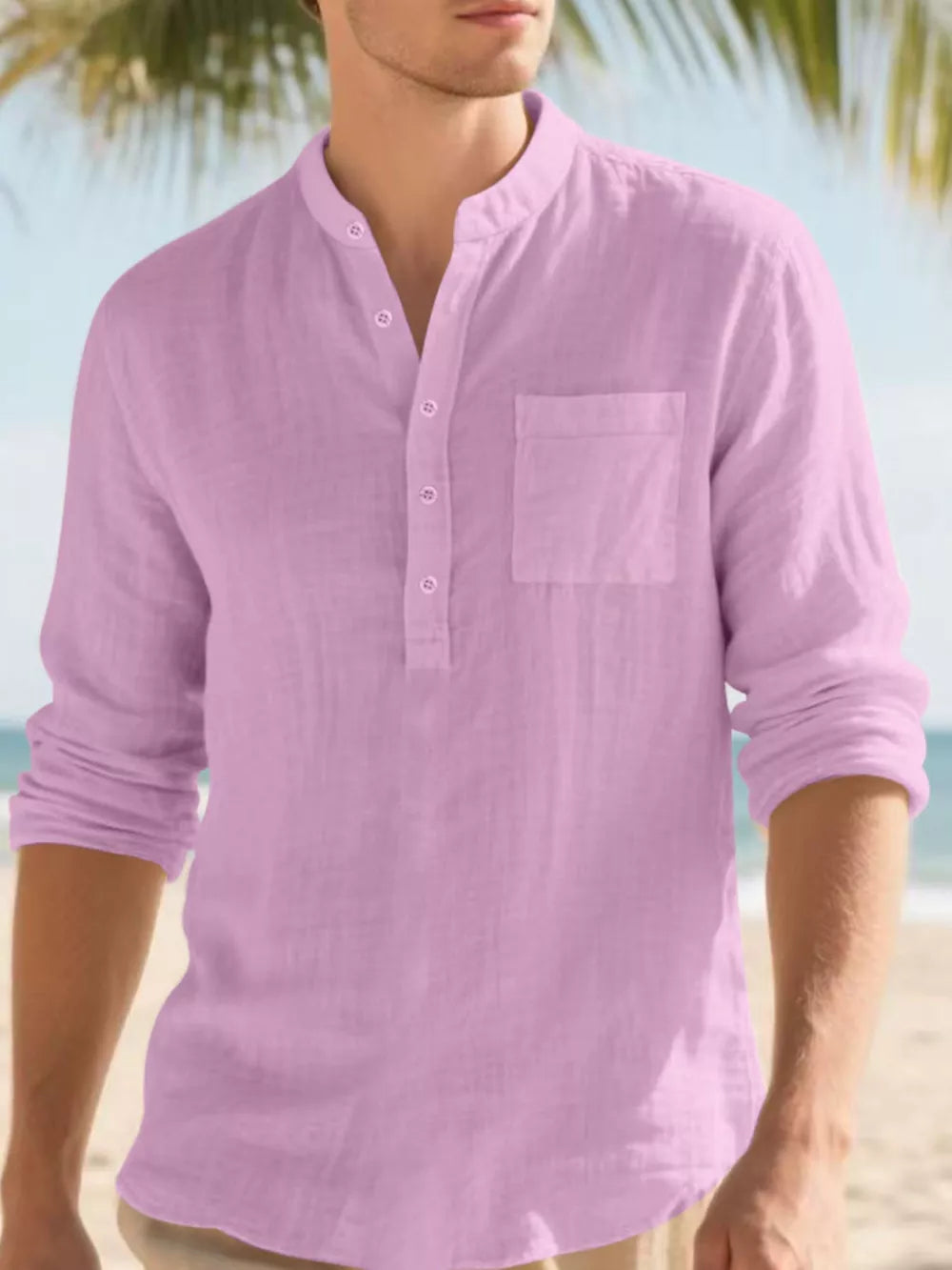 Men's pink cotton band-collar button-down shirt with chest pocket