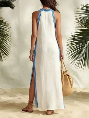Full Size Slit Striped Sleeveless Maxi Dress in Blue