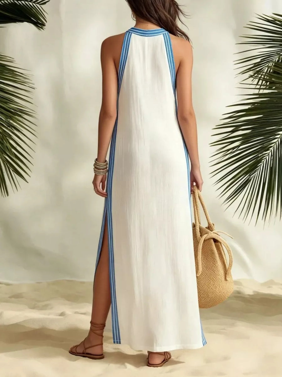 Full Size Slit Striped Sleeveless Maxi Dress in Blue
