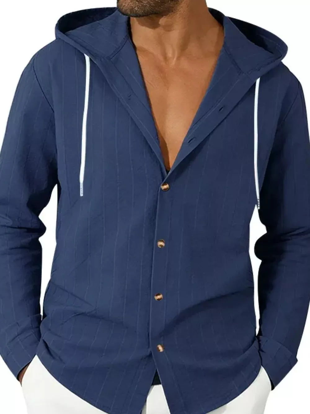 Navy pinstripe hooded button-up shirt for men with white drawstrings