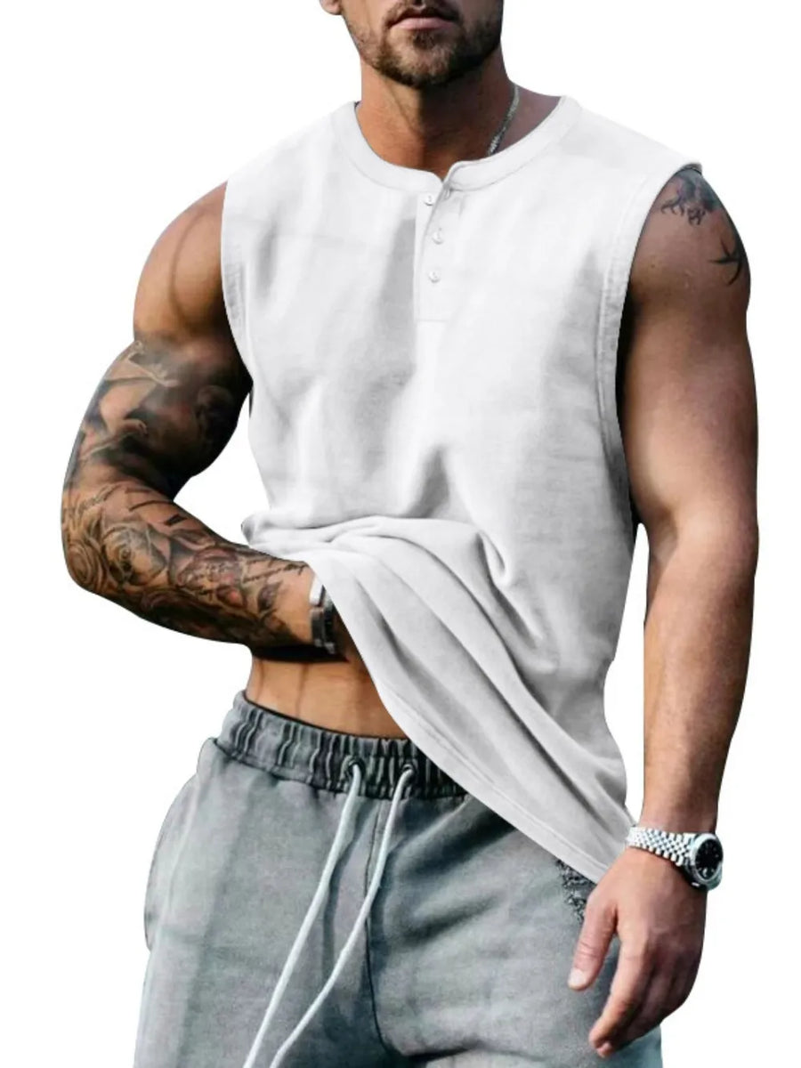 White Henley neck sleeveless muscle tank top with button detail.