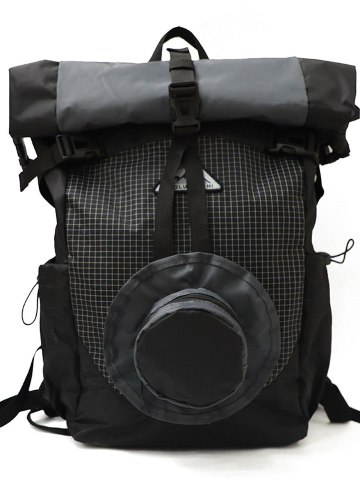 Black nylon roll-top backpack with grid pattern and circular front pocket.