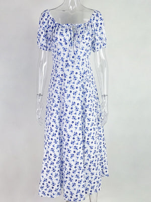 Floral print midi dress with tie front and short sleeves in white and blue polyester