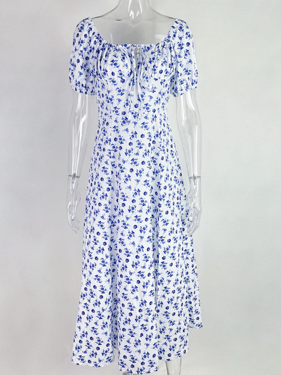 Floral print midi dress with tie front and short sleeves in white and blue polyester