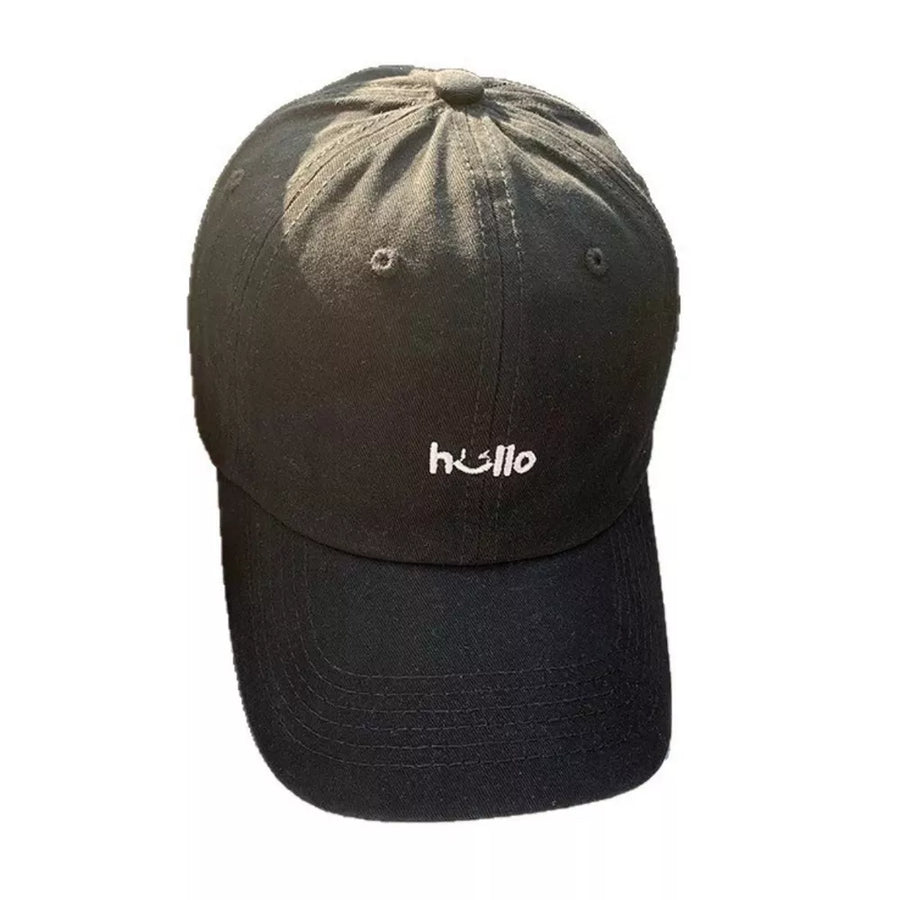 Black cotton baseball cap with white "hello" embroidery