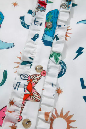 White polyester mini dress with cacti and cowboy boot print, featuring ruffled button-down front.
