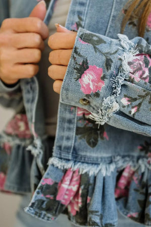 Floral Print Denim Jacket With Ruffled Hem option 7