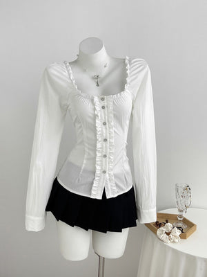 romantic blouse in White with square neck