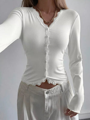 Lace Trim V-neck Ribbed Long Sleeve Blouse in Black