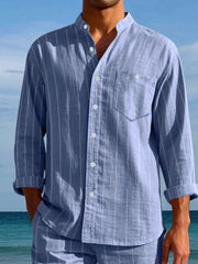 Sky blue linen-blend striped button-up shirt with band collar and chest pocket.