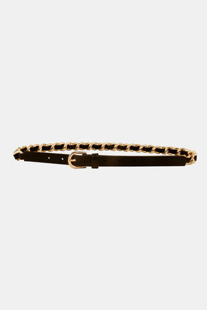 Black leather belt with gold chain detail and buckle