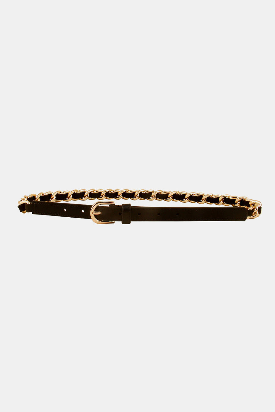 Black leather belt with gold chain detail and buckle