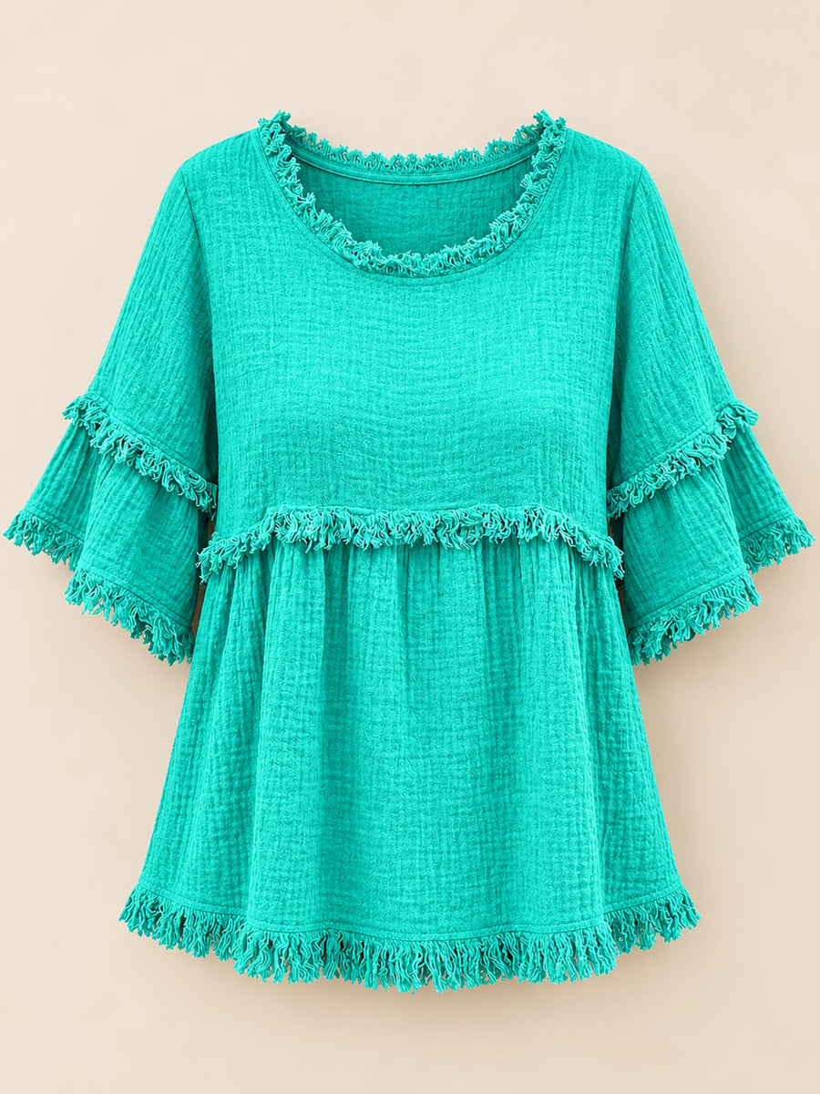 boho blouse in Emerald Green with round neck