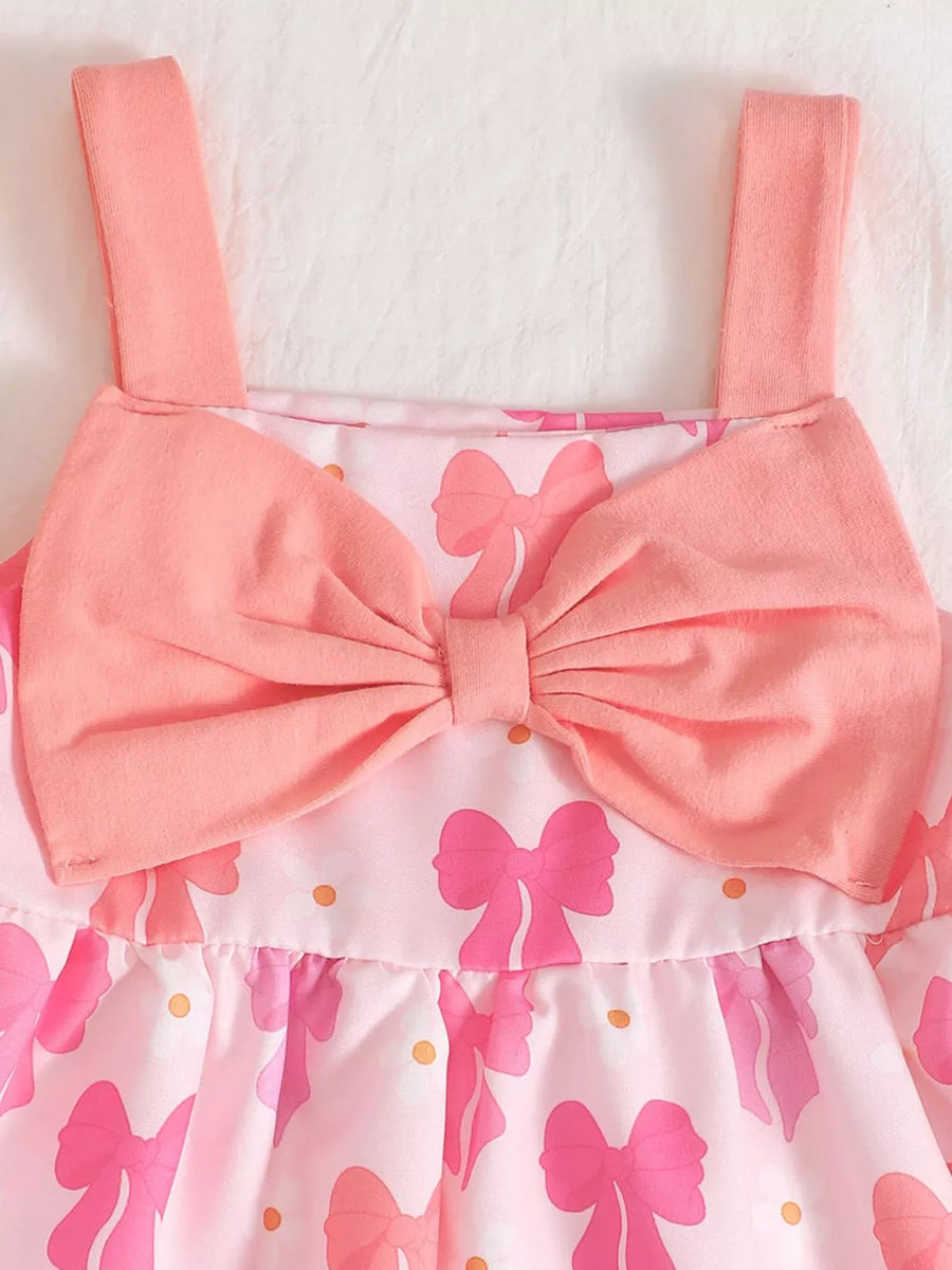 Pink baby dress with bow print and large front bow detail
