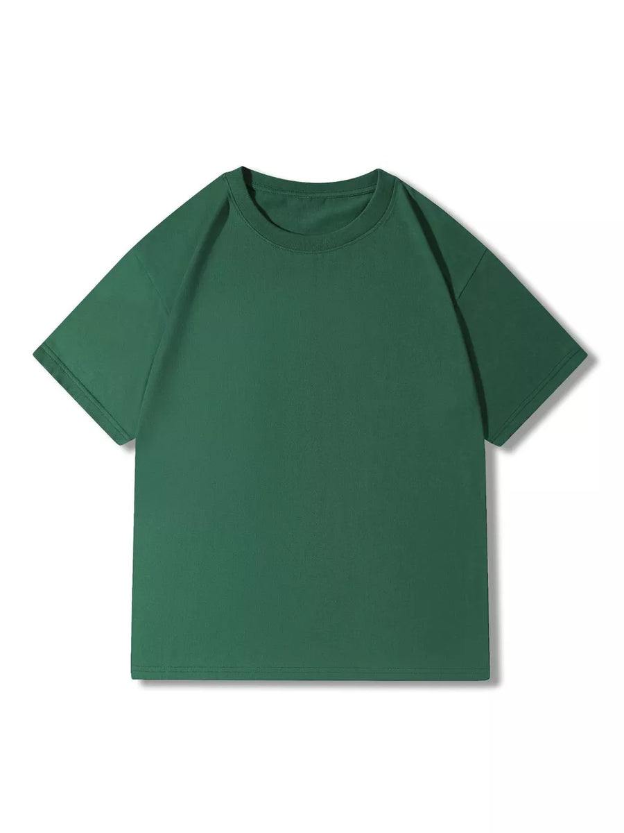 Dark green 100% cotton crew neck t-shirt with short sleeves.