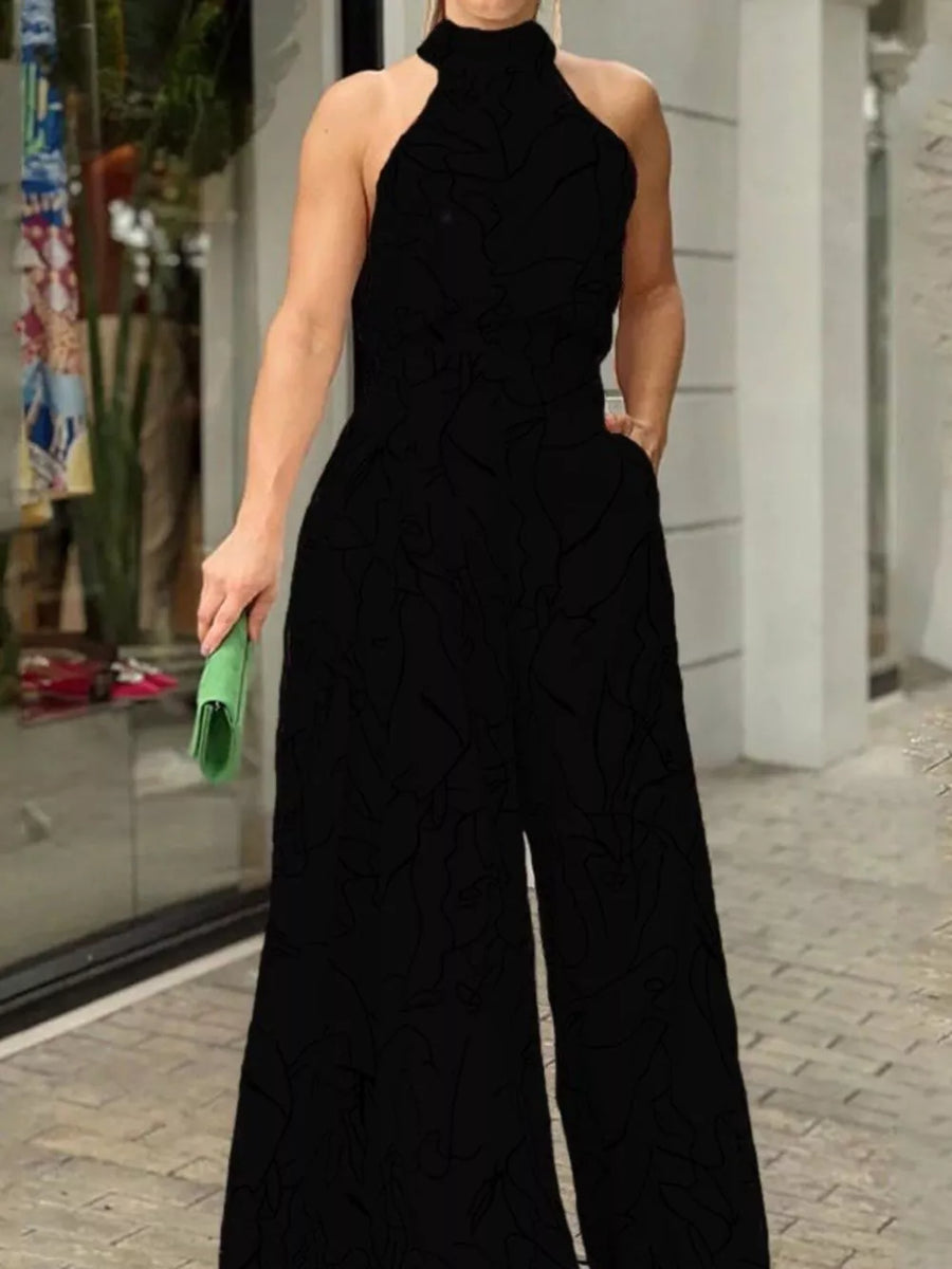 Black abstract print halter neck wide leg romper with pockets