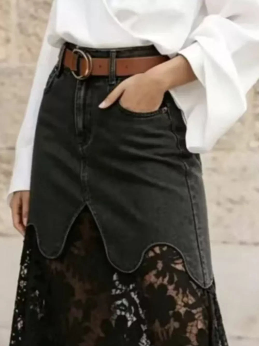 midi skirt in White with floral and lace