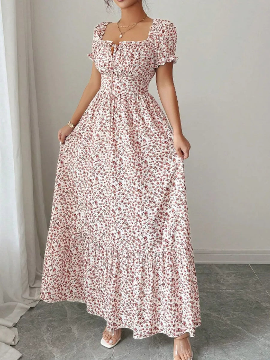 Red with Floral Print Puff Sleeve Maxi Dress