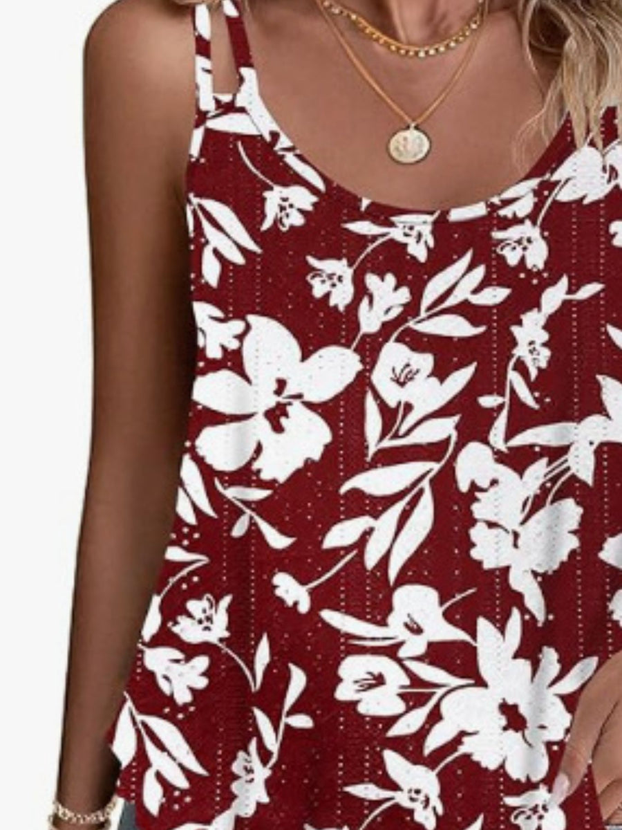 Burgundy floral eyelet cami with double straps and scoop neck