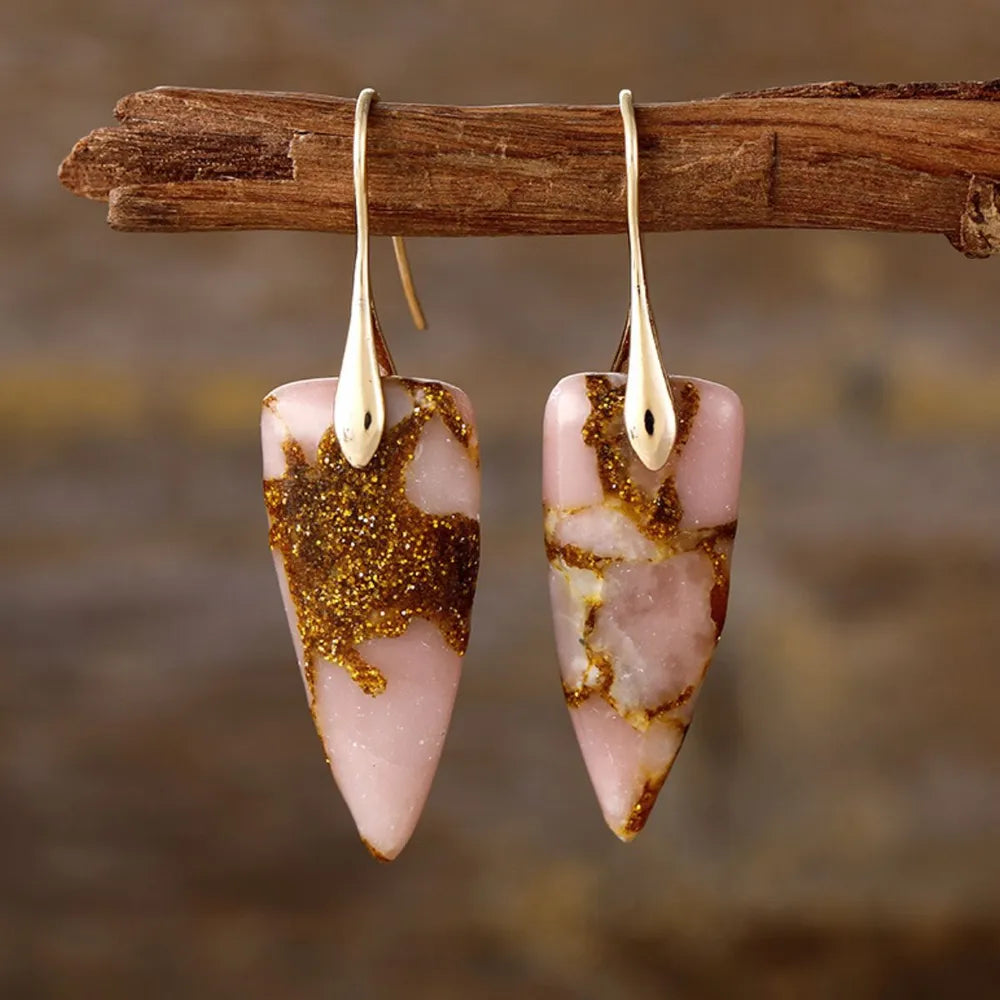 Glitter Vein Stone Drop Earrings in Gold/Pink with gold hooks and pink stone accents.
