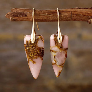 Glitter Vein Stone Drop Earrings in Gold/Pink with gold hooks and pink stone accents.