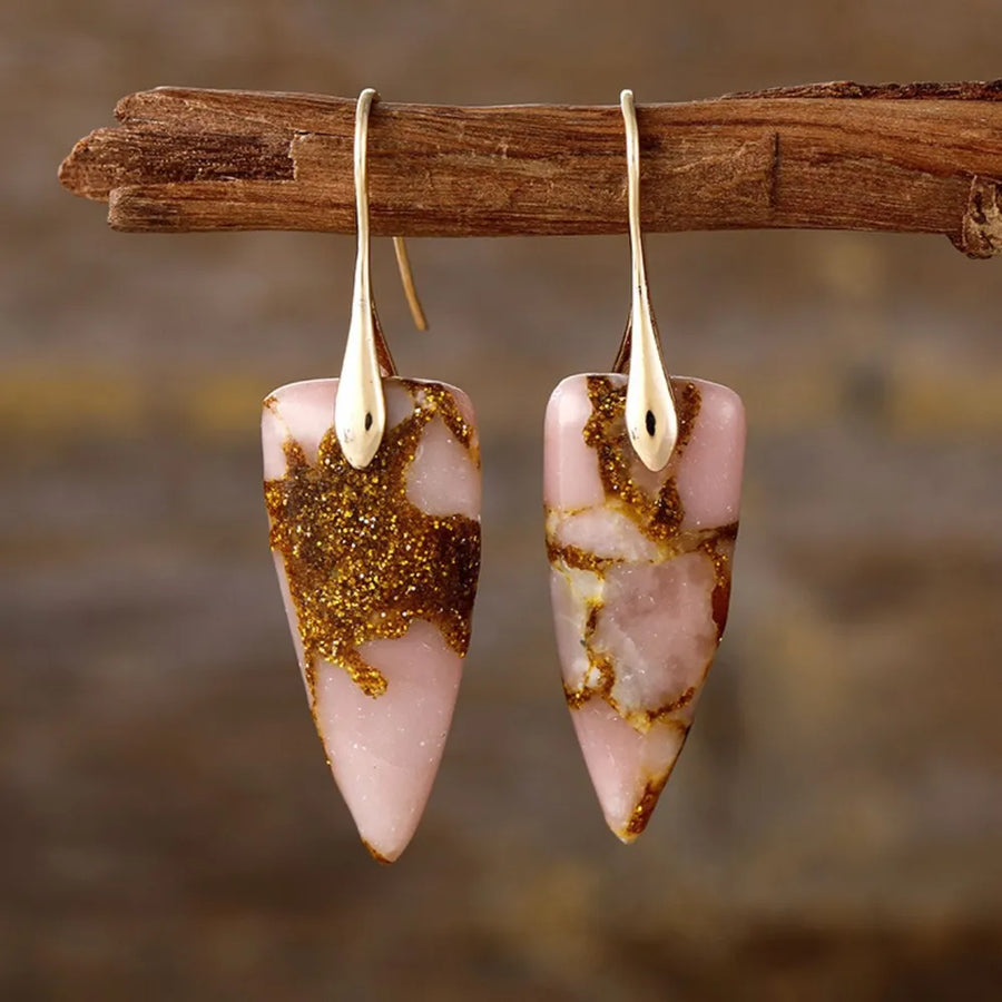 Glitter Vein Stone Drop Earrings in Gold/Pink with gold hooks and pink stone accents.