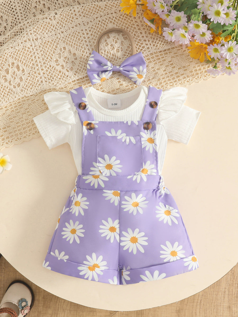 overalls in white with floral and ribbed