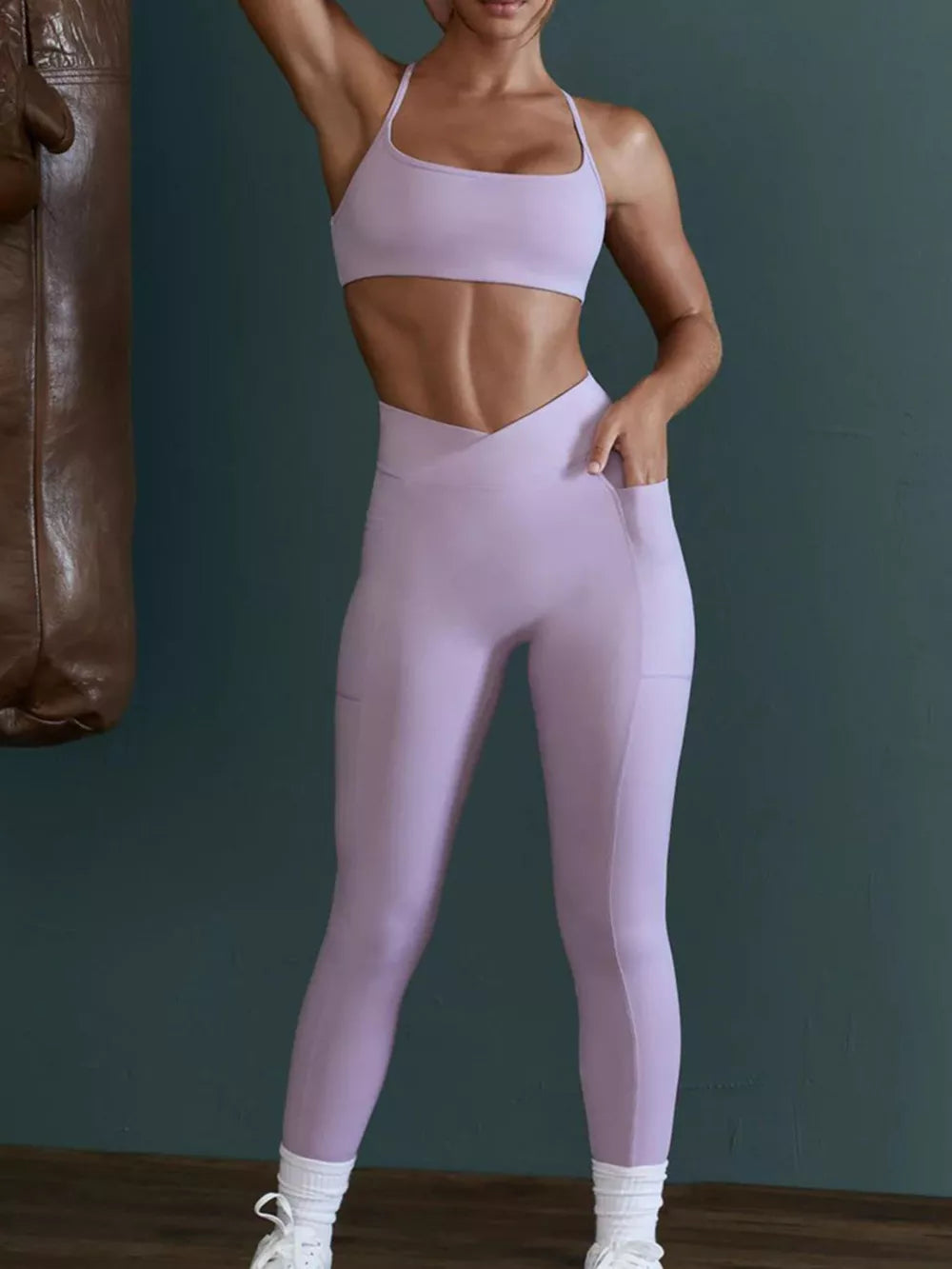 Seamless Cross-waist Cami And Leggings Set in Light Purple with backless