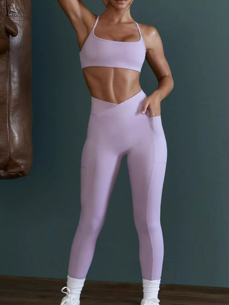 Seamless Cross-waist Cami And Leggings Set in Light Purple with backless