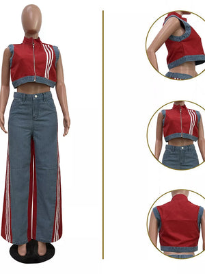 Red zip-front crop top with denim trim and wide-leg jeans with red stripe detail.