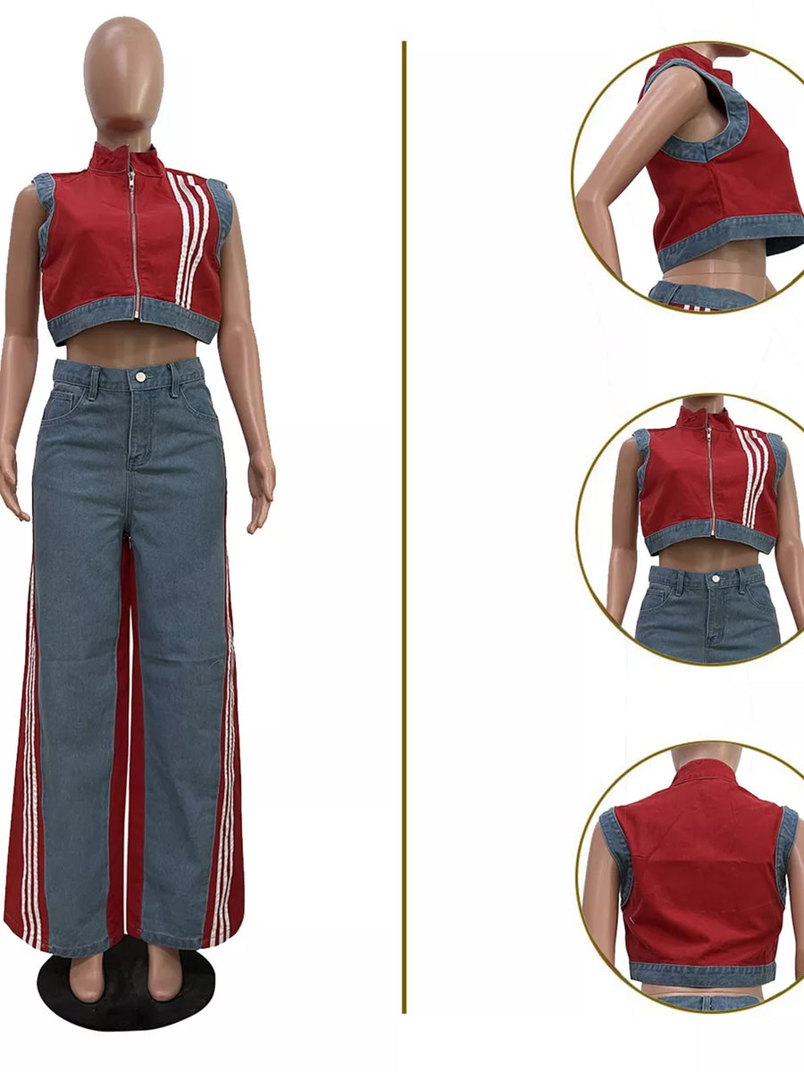 Red zip-front crop top with denim trim and wide-leg jeans with red stripe detail.